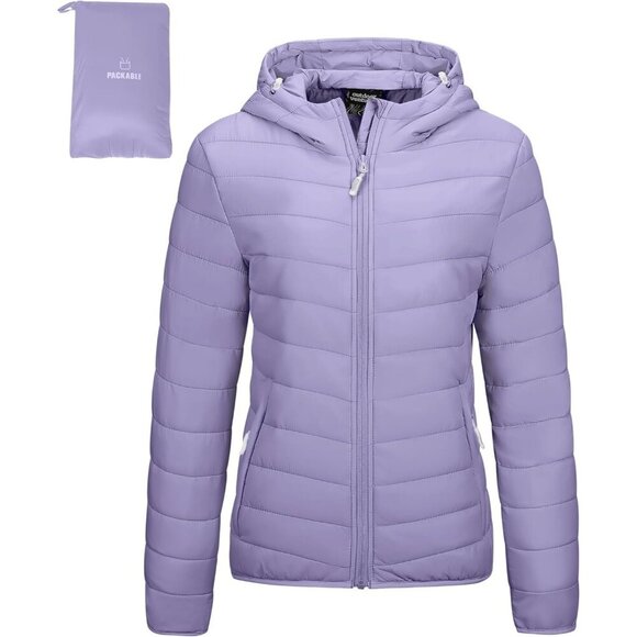 Jackets & Blazers - Women's Lavender Full Zip Up Puffer Hood Quilted Jacket Lightweight Coat
